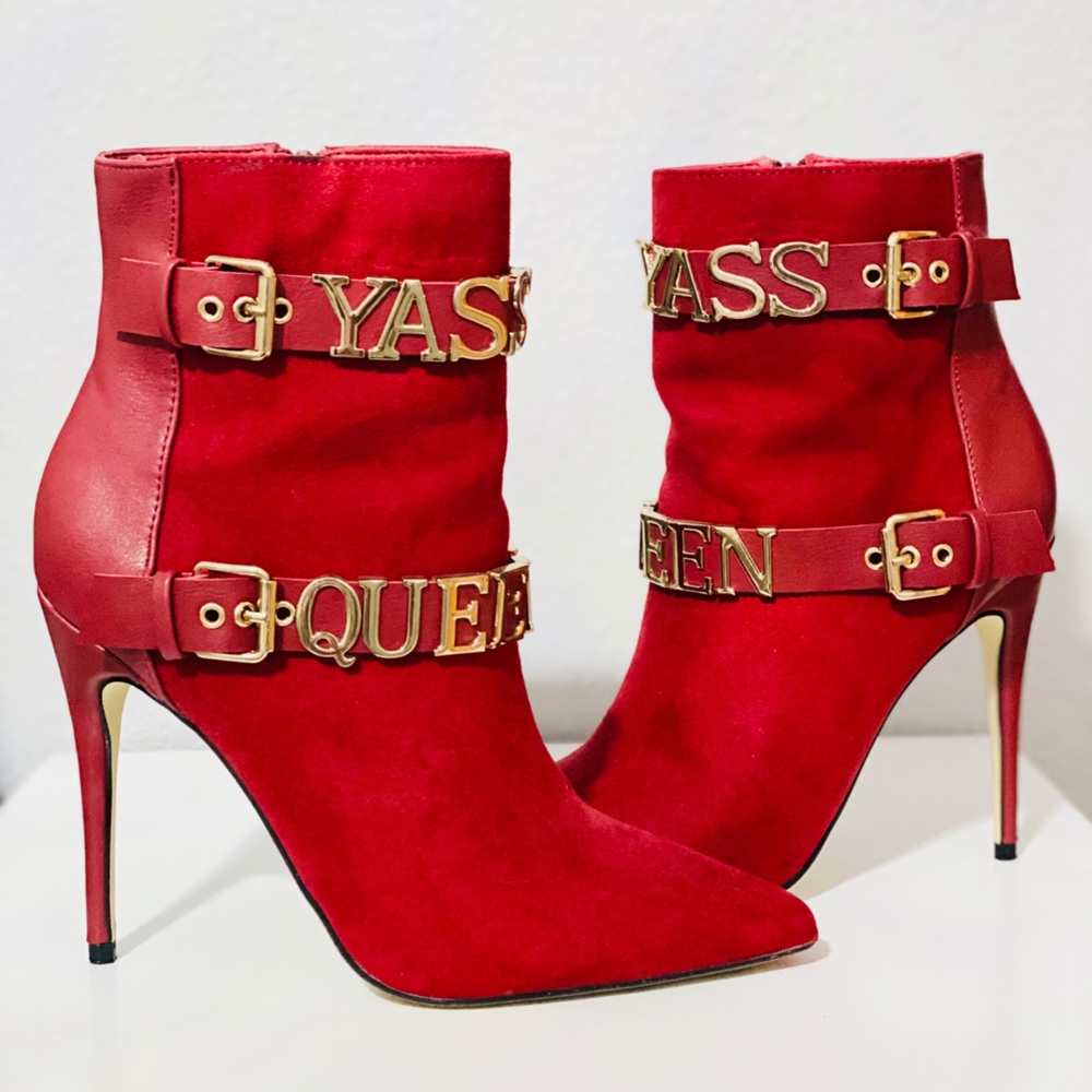 Red “Yass Queen” Stiletto Booties, sz 6.5